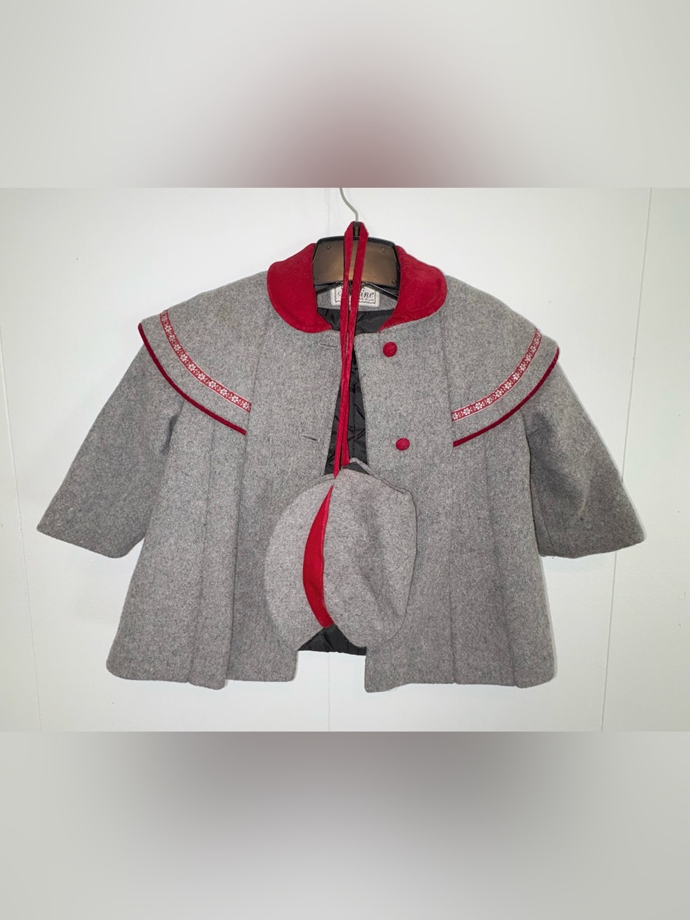 Vintage Skyline Gray Red Wool Blend Coat Hat Set 4T USA Holiday Christmas